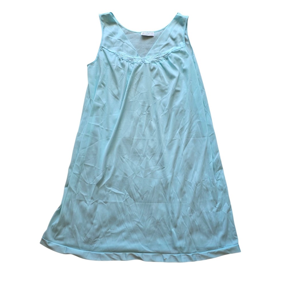 Vintage Vassarette Nightgown Nylon Tank Powder Blue‎ LARGE Satin Made In USA